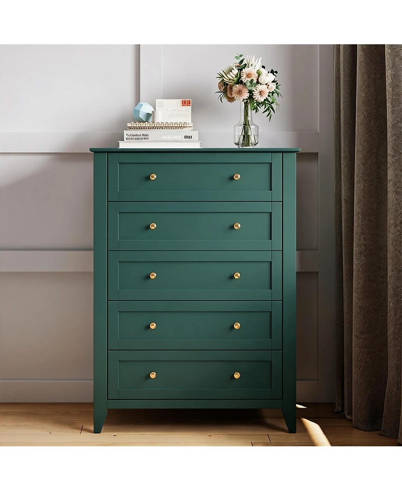homfan Modern 5 Drawer Dresser for Bedroom, Tall Wooden Chest Organizer with Deep Storage Drawers and Metal Knobs, Perfect for Entryway