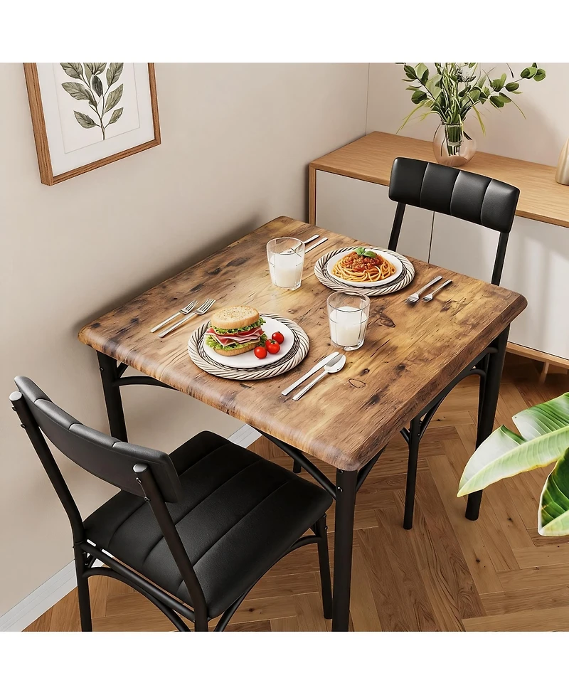 homfan Compact 3 Piece Dining Table Set for 2 Square Table with Upholstered Chairs, Metal and Wood Construction for Small Spaces Apartments Studios