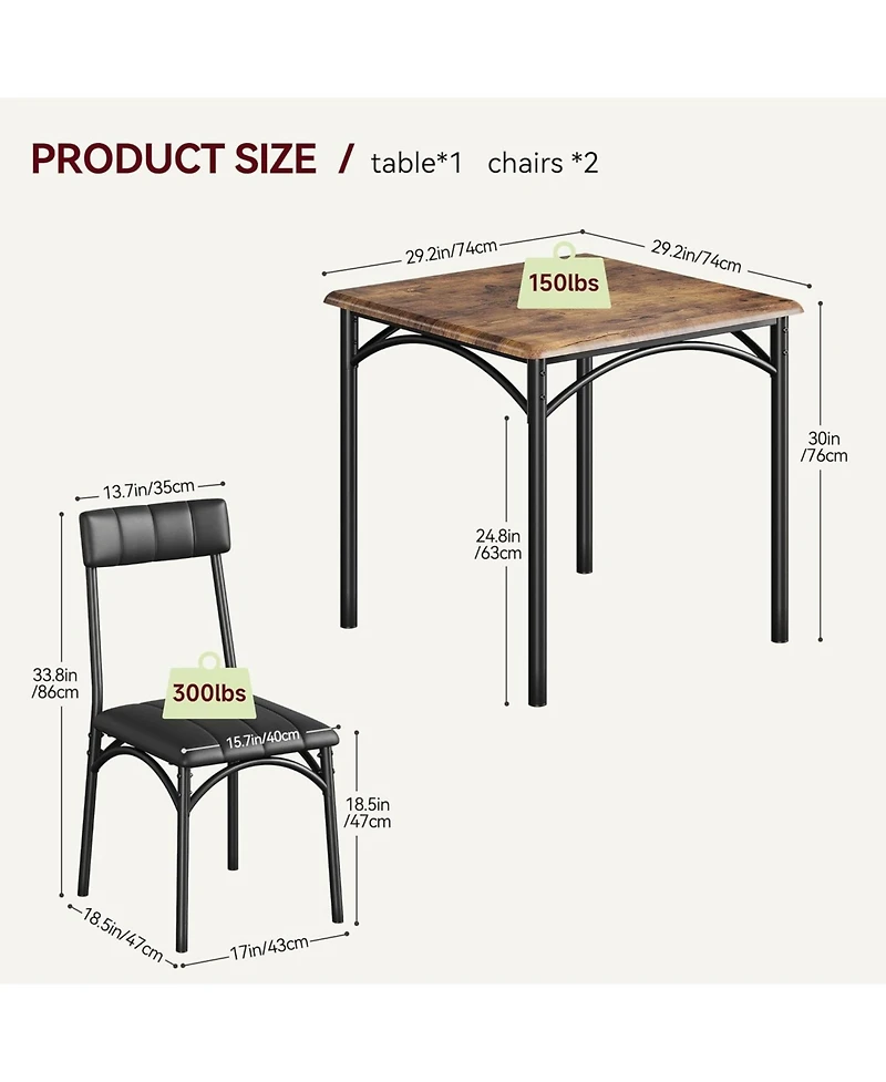 homfan Compact 3 Piece Dining Table Set for 2 Square Table with Upholstered Chairs, Metal and Wood Construction for Small Spaces Apartments Studios