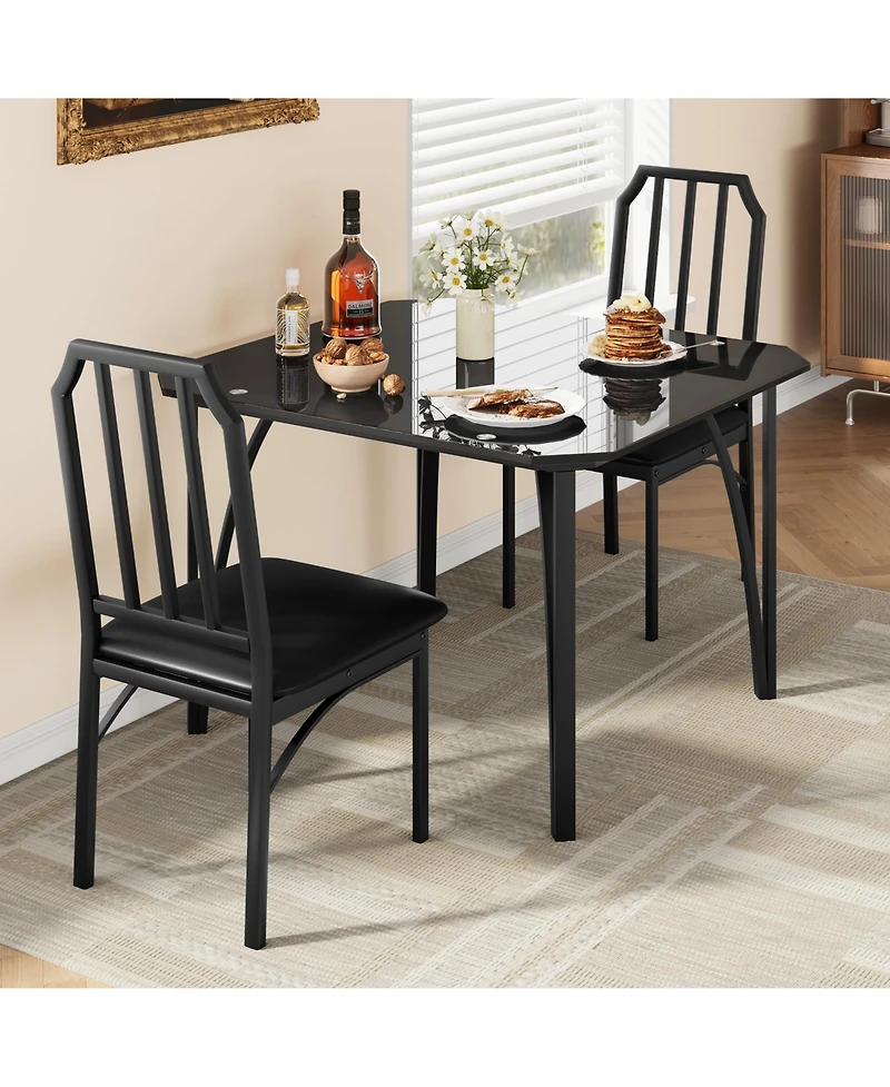 homfan Dining Table Set for 2 Square Compact Bistro Table with Upholstered Chairs, Glass Breakfast Nook Set for Small Space Apartment