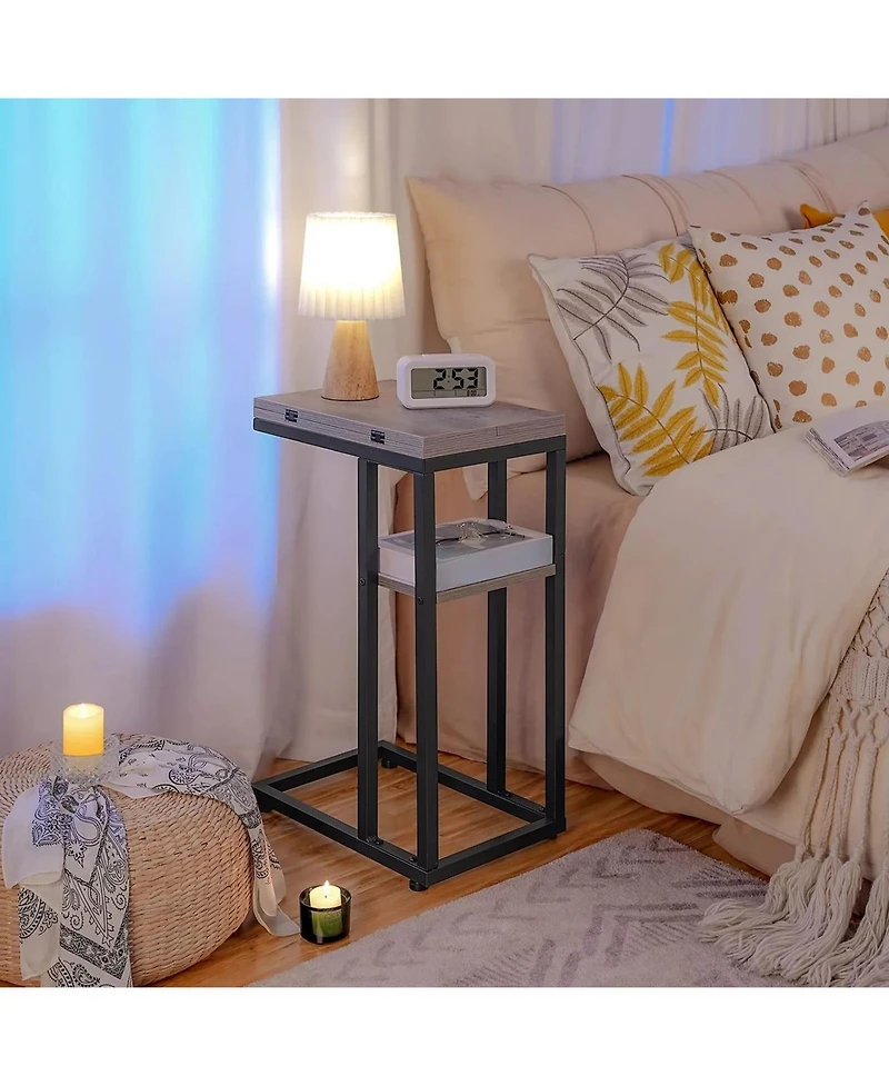 Slickblue Folding C-Shape Sofa End Table with Storage Pocket for Small Spaces