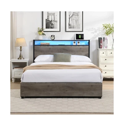 Lucky One Full Size Bed Frame with Storage Headboard, Usb Charging Station, Rgb Led Lights, 4 Drawers, No Box Spring Needed