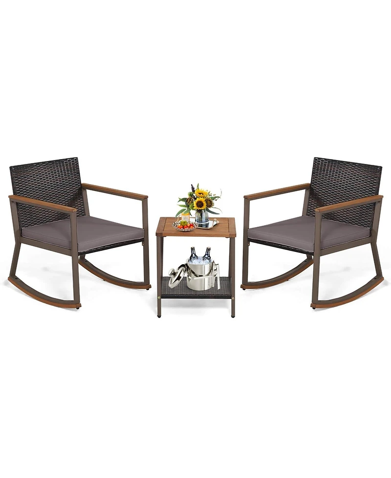 Gymax 3Pieces Rattan Rocking Chair Bistro Set Armrest Cushion Table W/ Storage Shelf Patio