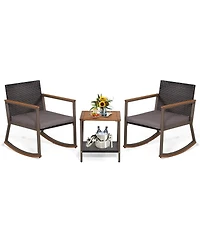 Gymax 3Pieces Rattan Rocking Chair Bistro Set Armrest Cushion Table W/ Storage Shelf Patio