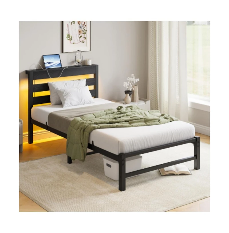 Lucky One Twin Size Heavy Duty Platform Bed Frame with Usb Charging Station, Led Lights, Steel Slats, No Box Spring Needed