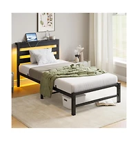 Lucky One Twin Size Heavy Duty Platform Bed Frame with Usb Charging Station, Led Lights, Steel Slats, No Box Spring Needed