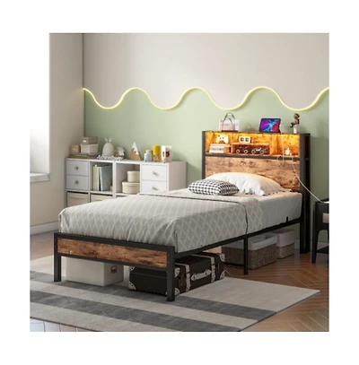 Lucky One Twin Size Bed Frame with Storage Headboard, Usb Charging Station, Bookcase, Rgb Led Lights, Metal Slats, No Box Spring