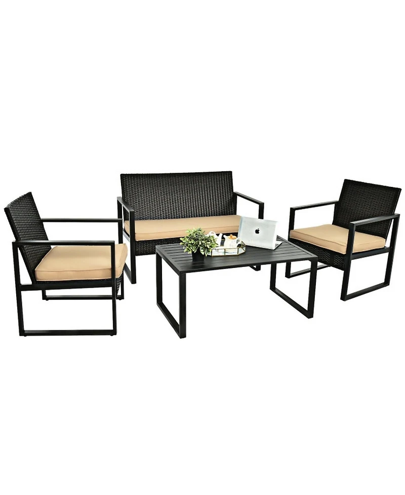 Sugift 4-Piece Patio Rattan Furniture Set with Seat Cushions and Coffee Table