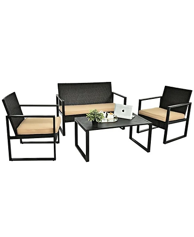 Sugift 4-Piece Patio Rattan Furniture Set with Seat Cushions and Coffee Table