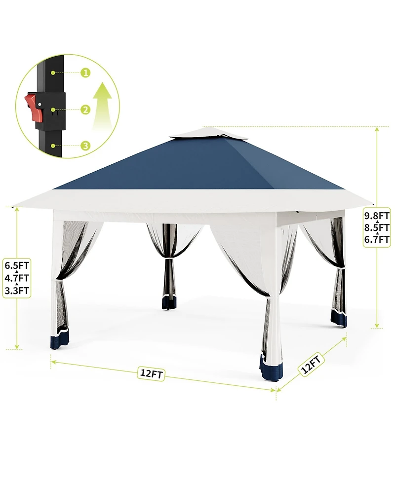 homfan 12 x Feet Cantilevered Folding Shelter With Roll-Up Eaves And Mesh Sidewalls, Pop-Up Patio Canopy For Backyard