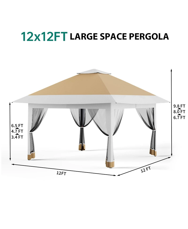 homfan 12 x Feet Cantilevered Folding Shelter With Roll-Up Eaves And Mesh Sidewalls, Pop-Up Patio Canopy For Backyard