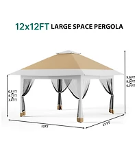 homfan 12 x Feet Cantilevered Folding Shelter With Roll-Up Eaves And Mesh Sidewalls, Pop-Up Patio Canopy For Backyard