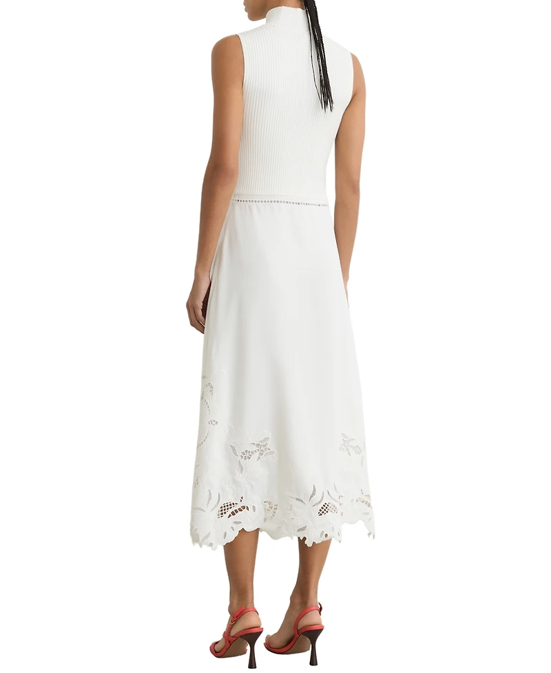 Reiss Women's Rib-Knit Mix Broderie Midi Dress