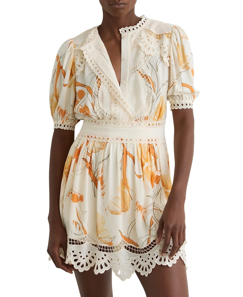 Reiss Women's Floral-Print Lace-Trim Mini Dress