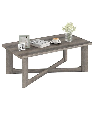 Gymax Coffee Table Solid Rubber Wood Center Table with X-Shaped Base for Living Room