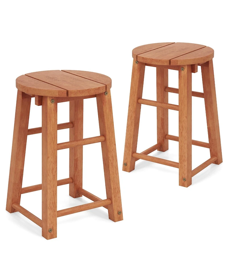 Gymax Outdoor Wood Bar Stools Set of 2 w/Round Seat Footrest Patio Backless Barstools