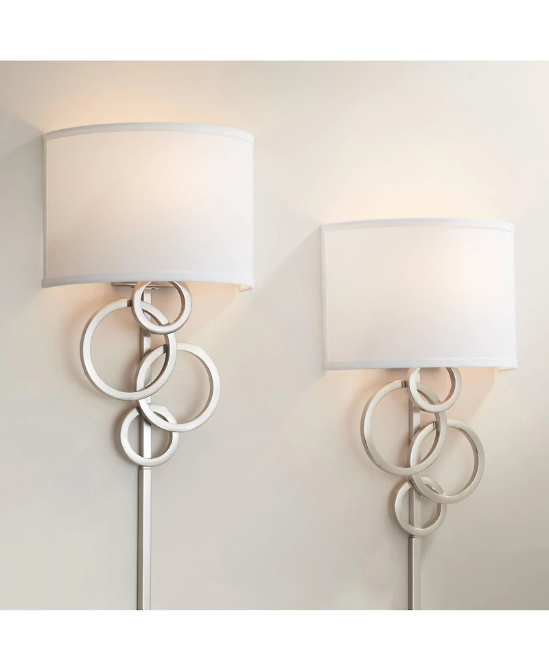 Possini Euro Design Circles Modern Wall Light Sconces Set of 2 Brushed Nickel Plug-in 12" Fixture Cotton Shade for Bedroom Reading House