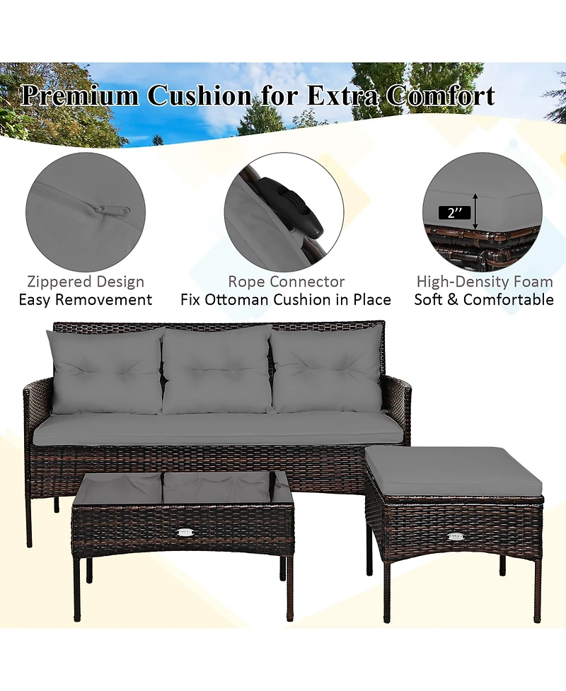 Costway 3PCS Patio Rattan Furniture Set 3-Seat Sofa Cushioned Table Garden
