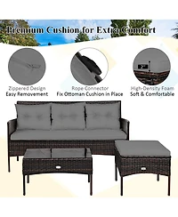 Costway 3PCS Patio Rattan Furniture Set 3-Seat Sofa Cushioned Table Garden