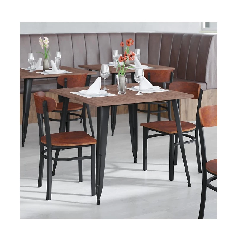 Emma+Oliver Yara Industrial Dining Chair with Rolled Steel Frame and Solid Wood Seat - 500 lbs. Static Weight Capacity