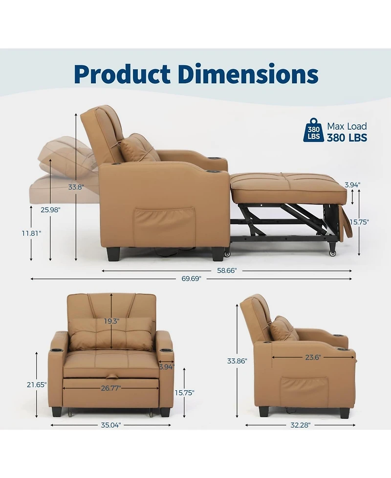 gaomon Convertible Sleeper Sofa Chair, Pull Out Bed, Single Recliner with Vibration Massage Lumbar Pillow