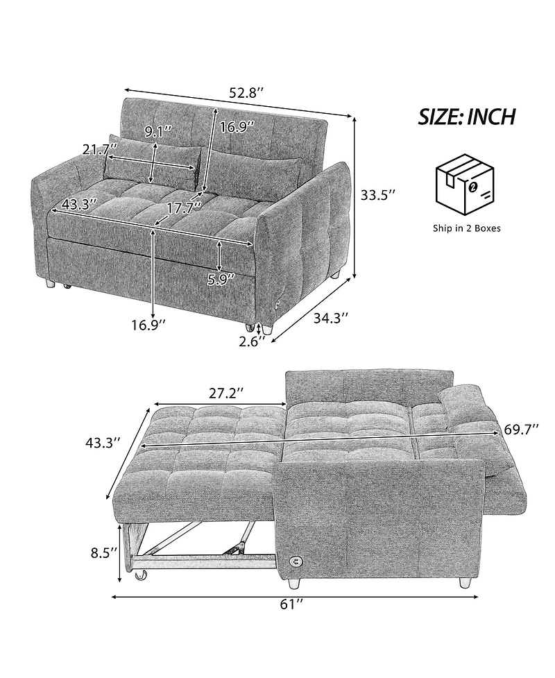 Clihome 52.8" Loveseat Sofa Pull-out Bed Tufted Sleeper with an Adjustable Backrest, Three Usb Ports and Two Lumbar Pillows for Living