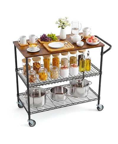 gaomon 35" Rolling Kitchen Cart with Wood Top, 3 Tier Metal Shelf Serving on Wheels 10 Hooks and Lockable Casters, Utility