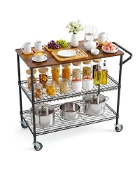 gaomon 35" Rolling Kitchen Cart with Wood Top, 3 Tier Metal Shelf Serving on Wheels 10 Hooks and Lockable Casters, Utility