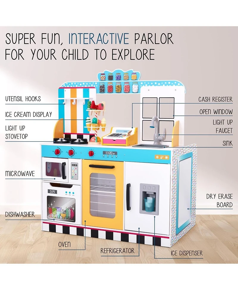 Lil' Jumbl Double-Sided Ice Cream Parlor Pretend Play Set, Wooden Diner Set with Cash Register and More