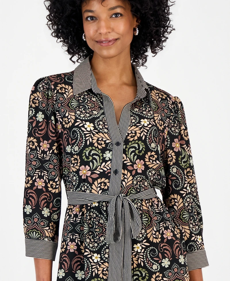 Robbie Bee Women's Twin Print Belted Shirtdress