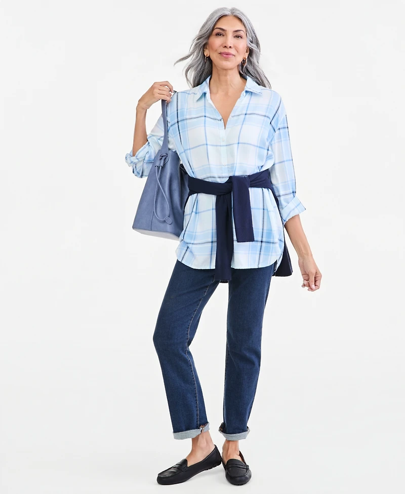 Style & Co Women's Plaid Long Roll-Tab Sleeves Rayon Blouse, Macy's Exclusive