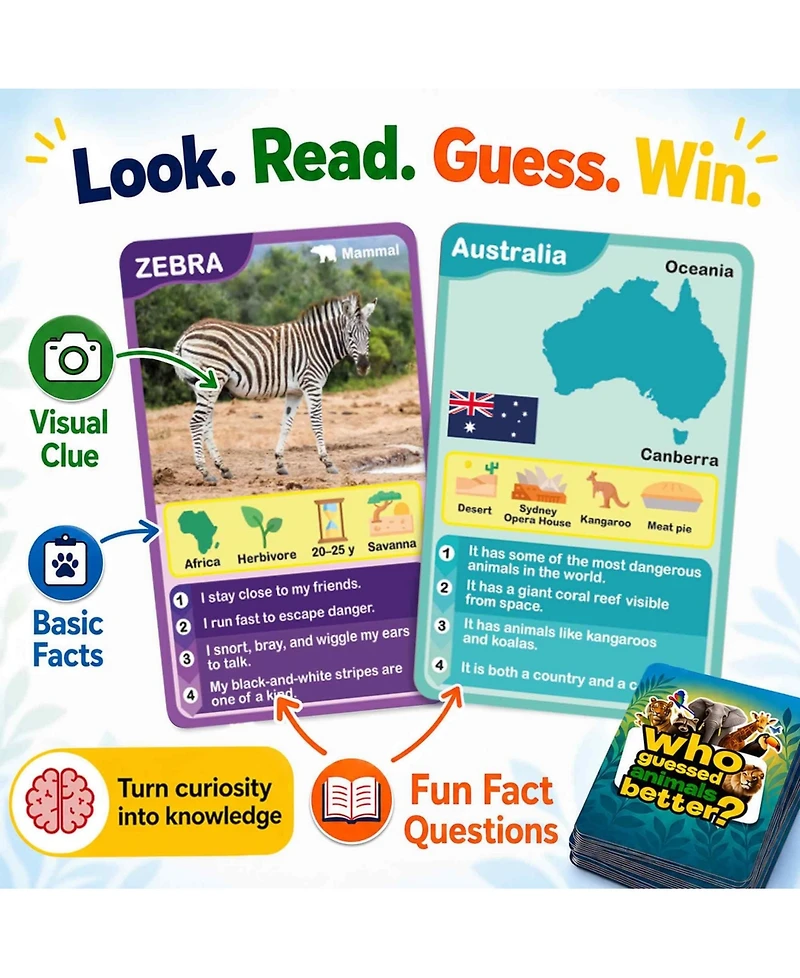 Quokka Who Guess It Better Card Games for Kids Ages 6+ - Educational Guessing Game with Animal and Country Visual Clues, Screen-Free Travel