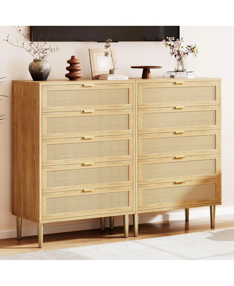 homfan Rattan Front Dresser With Smooth-Glide Drawers And Wide Top, Modern Boho Storage Chest For Bedroom, Hallway Or Living Room, Easy Assembly