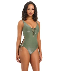 Bar Iii Women's Shimmer Core Solids Lace-Up One-Piece Swimsuit, Macy's Exclusive