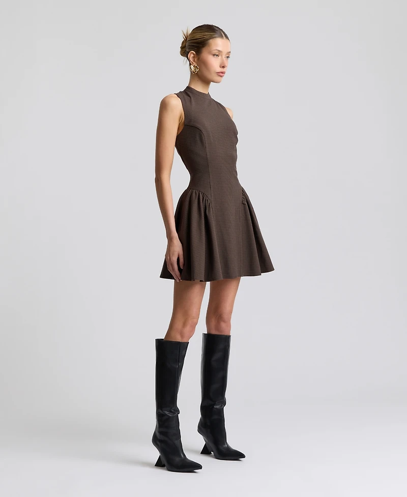 Avec Les Filles Women's Stretch Plaid Mock Neck Flounce Mini Dress
