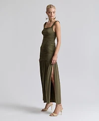 Avec Les Filles Women's Shirred Mesh Drop Waist Maxi Dress