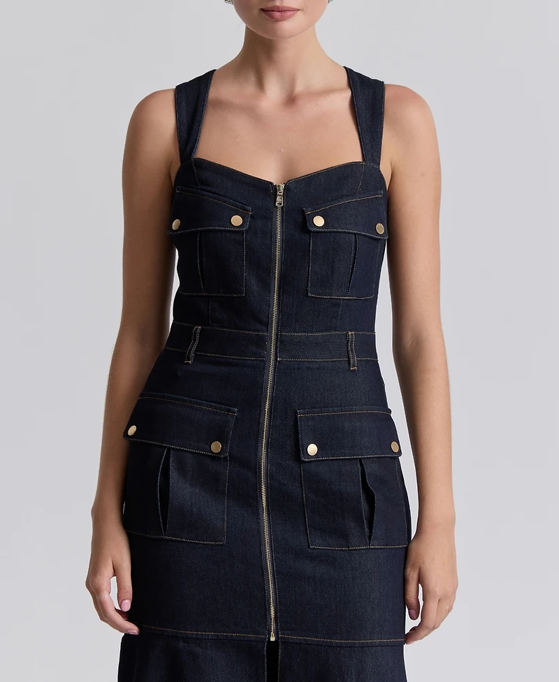 Avec Les Filles Women's Stretch Denim Cargo Zip-Front Midi Dress
