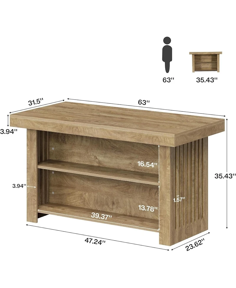 Tribesigns Kitchen Island with Storage: 63" farmhouse butcher block table with open shelves. Rustic counter for dining room, living room.