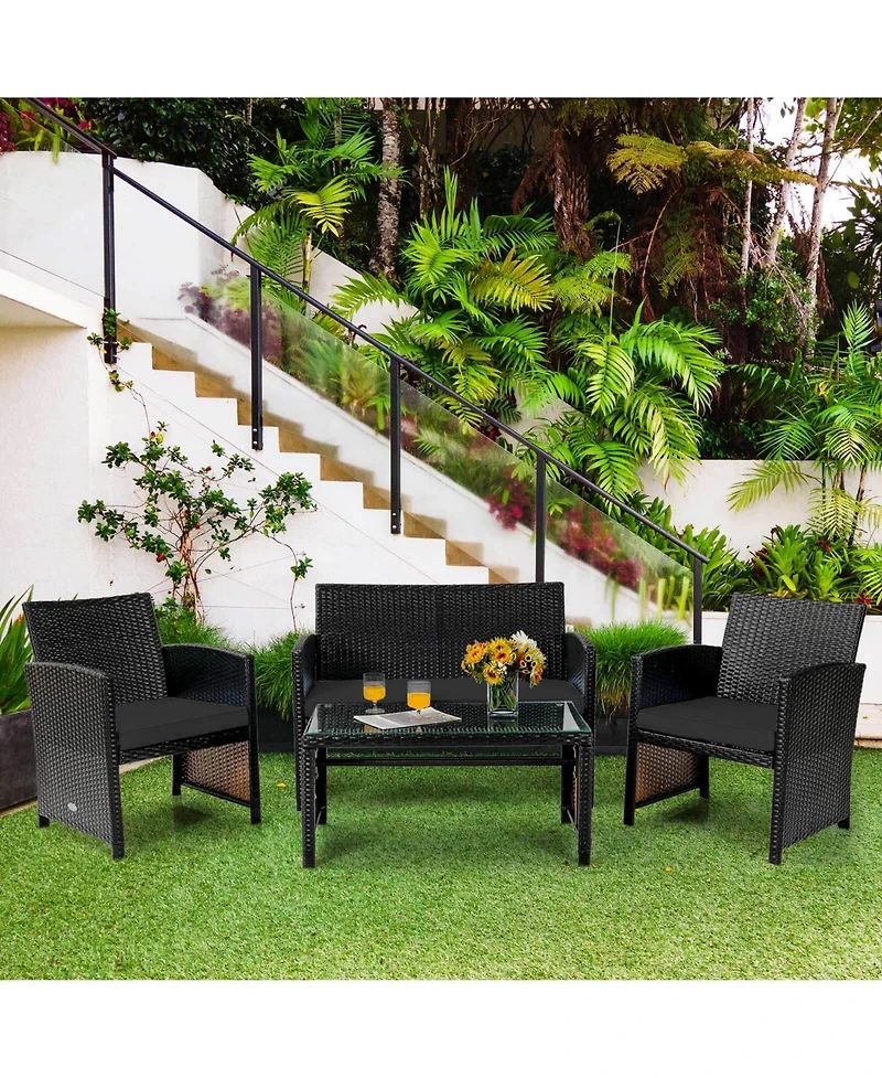 4PCS Patio Rattan Furniture Set Cushioned Chair Sofa Coffee Table