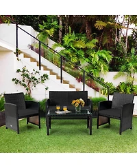 4PCS Patio Rattan Furniture Set Cushioned Chair Sofa Coffee Table