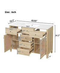 Phying 48 Inch Natural Rattan Bathroom Vanity Solid Wood Frame Bathroom Storage Cabinet with 5 Drawers 2 Rattan Cabinet Doors and Premium Ceramic Sink