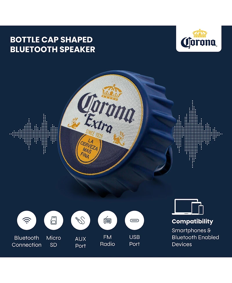 Corona Bluetooth Bottle Cap Speaker with Led Lights, Fm Radio, Kickstand, and Wall Mount