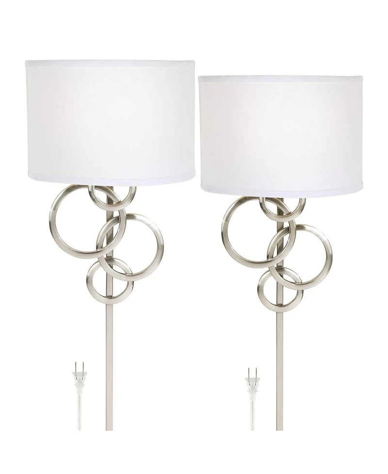 Possini Euro Design Circles Modern Wall Light Sconces Set of 2 Smart Sockets Brushed Nickel Plug-In 12" Fixture Off-White Shades Bedroom