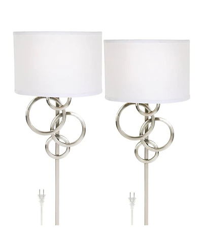 Possini Euro Design Circles Modern Wall Light Sconces Set of 2 Smart Sockets Brushed Nickel Plug-In 12" Fixture Off-White Shades Bedroom