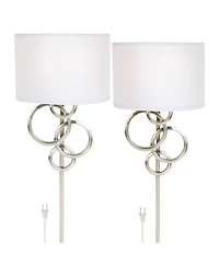 Possini Euro Design Circles Modern Wall Light Sconces Set of 2 Smart Sockets Brushed Nickel Plug-In 12" Fixture Off-White Shades Bedroom