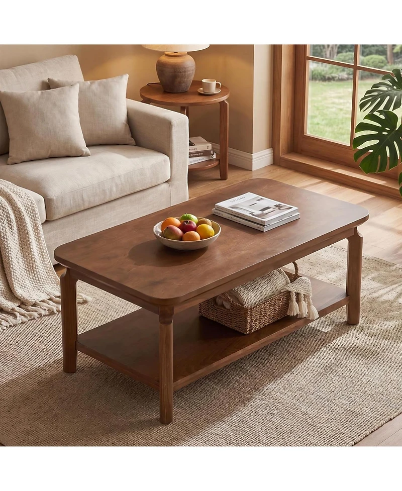 Tribesigns 47 Inch Coffee Table, Mid Century Modern Rectangular Center Table with Open Storage Shelf and Safe Rounded Corners for Living Room,Walnut