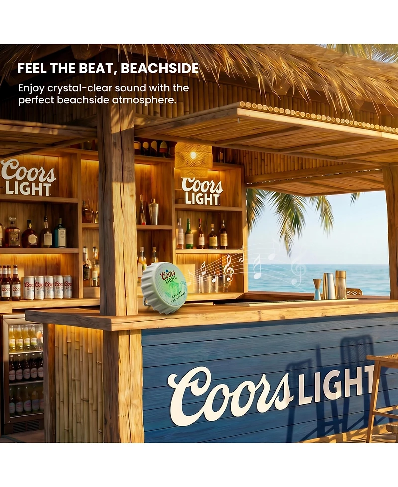 Coors Light Bluetooth Bottle Cap Speaker with Led Lights, Fm Radio, Kickstand, and Wall Mount