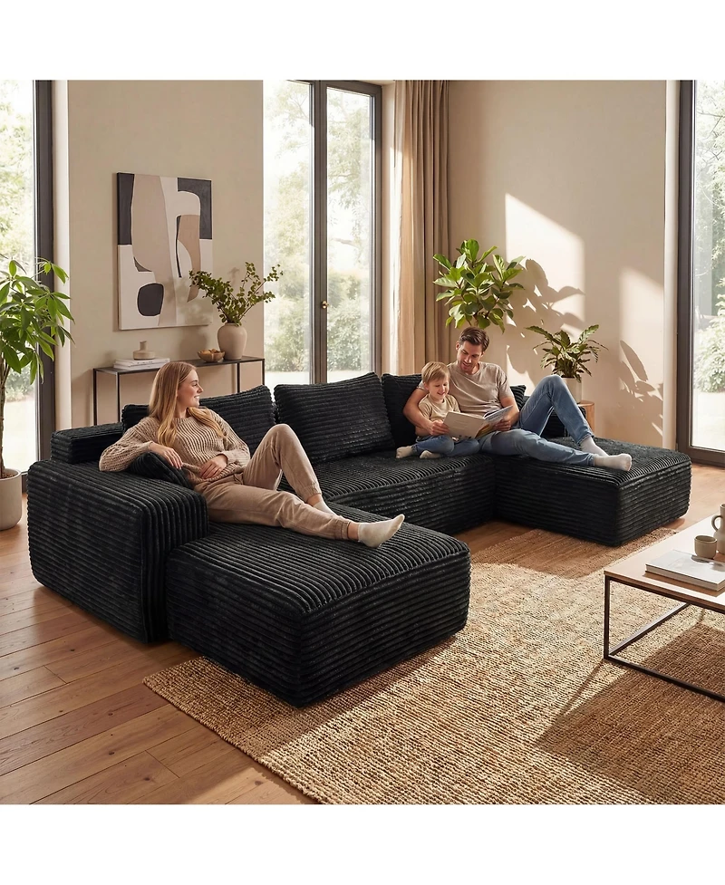 Homsee 3-Piece U-Shaped Sectional Sofa Set With Pillows, Corduroy Convertible Couch