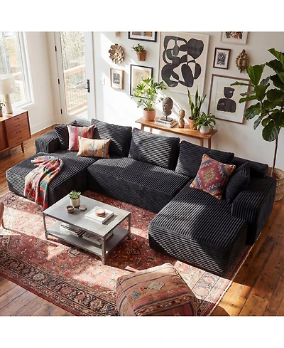 Homsee 3-Piece U-Shaped Sectional Sofa Set With Pillows, Corduroy Convertible Couch