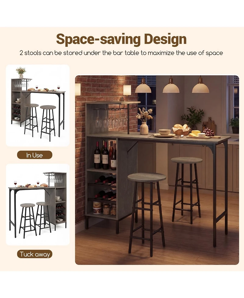 Slickblue 3 Piece Kitchen Bar Table Set with Chairs and 6-Bottle Wine Rack Shelf